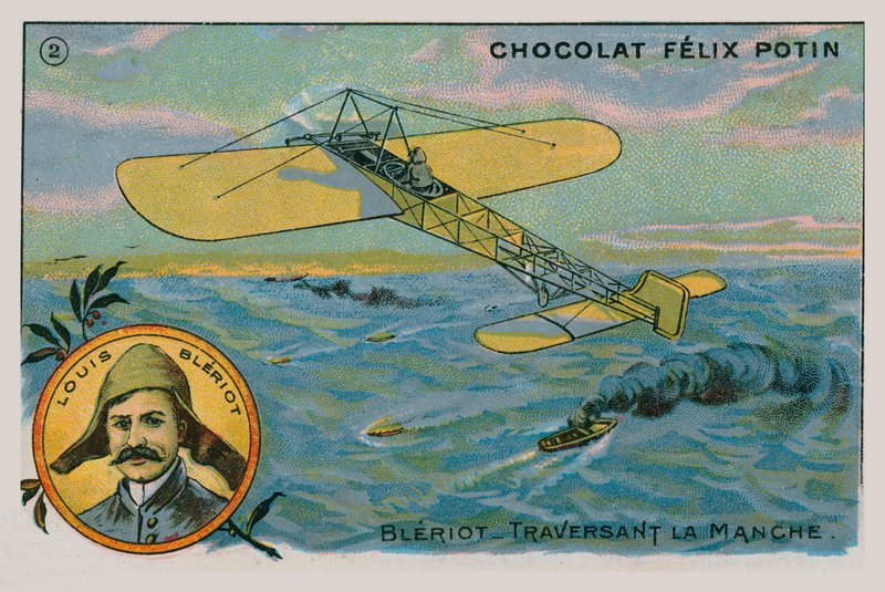 Louis Bleriot maakt de eerste vlucht over het Kanaal in een zwaarder dan lucht vliegtuig, 1909 door French School