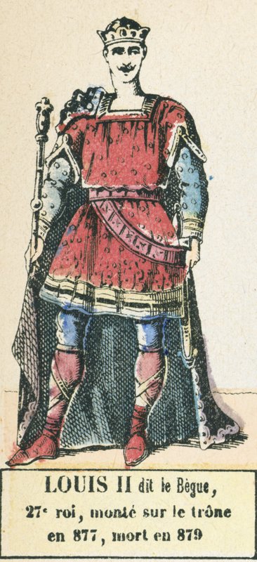 Lodewijk II genaamd de Stamelaar, 27e koning, besteeg de troon in 877, stierf in 879 door French School