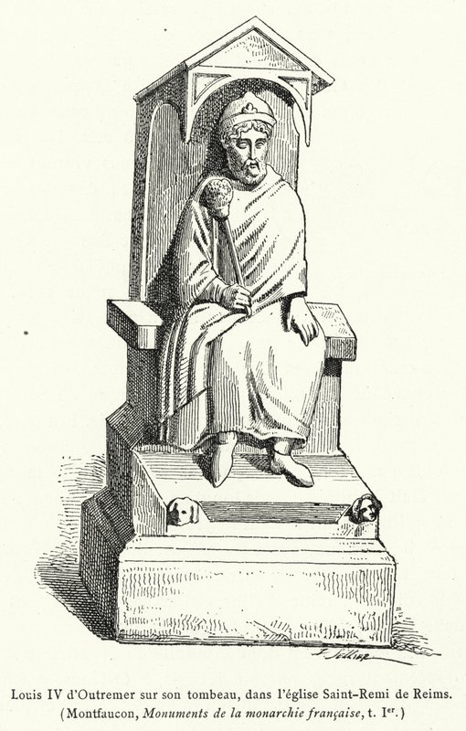 Lodewijk IV van Overzee op zijn graf, in de kerk Saint-Remi van Reims (gravure) door French School