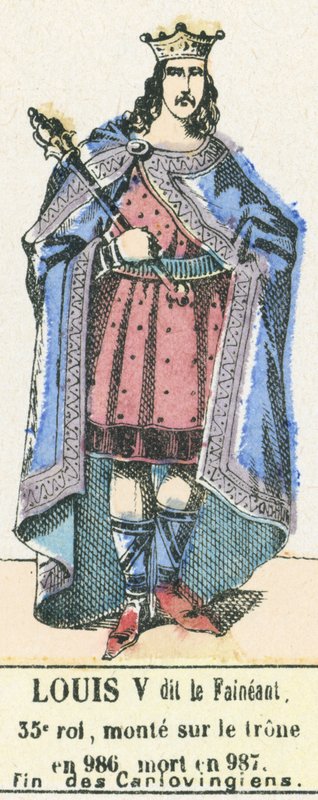 Lodewijk V, 35e koning, besteeg de troon in 986, stierf in 987, Einde van de Karolingen door French School