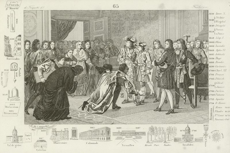 Lodewijk XIV presenteert zijn kleinzoon, Filips V, aan de Spaanse gezanten, als hun nieuwe koning, 1700 door French School