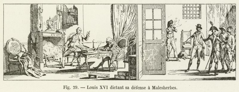 Lodewijk XVI dicteert zijn verdediging aan Malesherbes door French School
