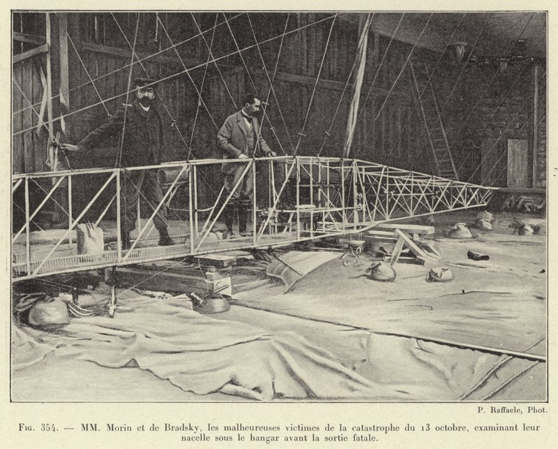 Morin en de Bradsky, de ongelukkige slachtoffers van de ramp van 13 oktober, onderzoeken hun gondel in de hangar voor de fatale vlucht (gravure) door French School