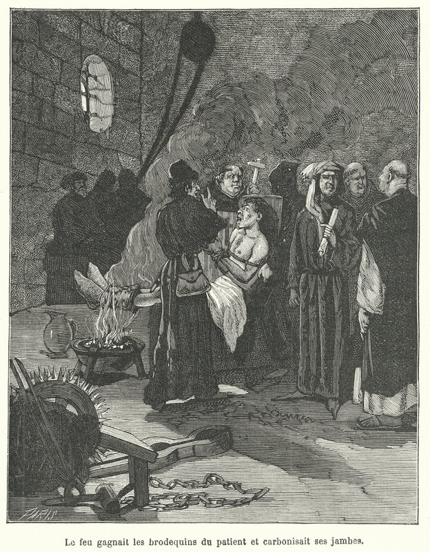 Man die wordt gemarteld met brodequins en vuur (gravure) door French School