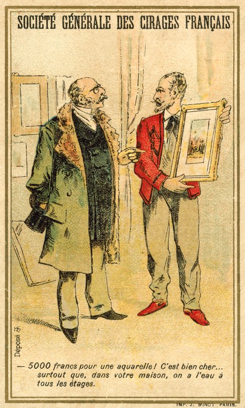 Man onderhandelt over de prijs van een aquarel met een kunstenaar (chromolitho) door French School
