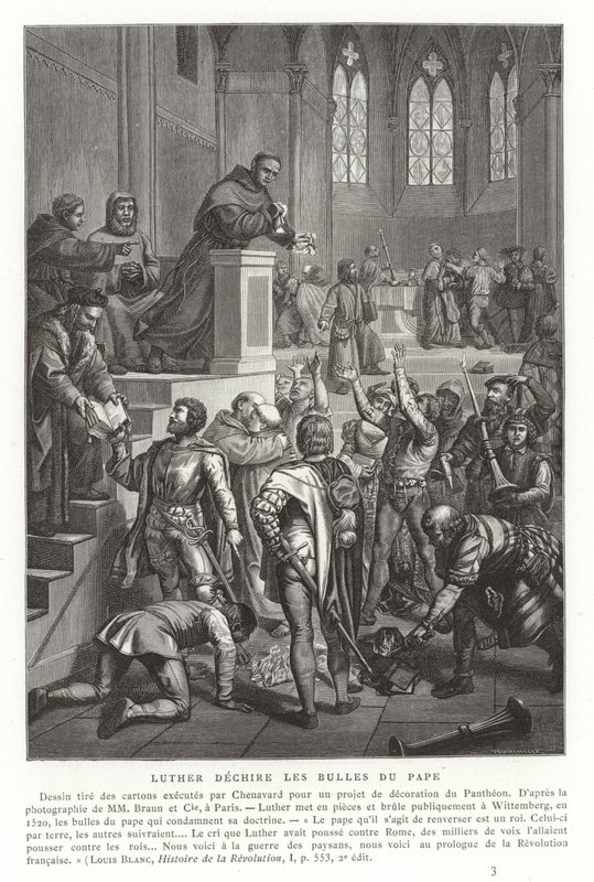 Maarten Luther verscheurt pauselijke bullen, Wittenberg, Duitsland, 1520 door French School