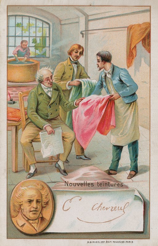 Michel Eugene Chevreul, Franse chemicus (1786-1889), inspecteert enkele nieuwe kleurstoffen door French School