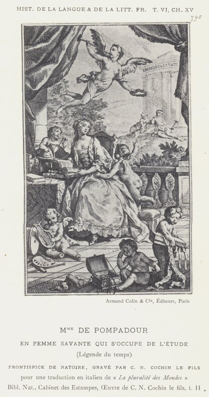 Mme De Pompadour, als geleerde vrouw die zich bezighoudt met studie, legende van de tijd (litho) door French School