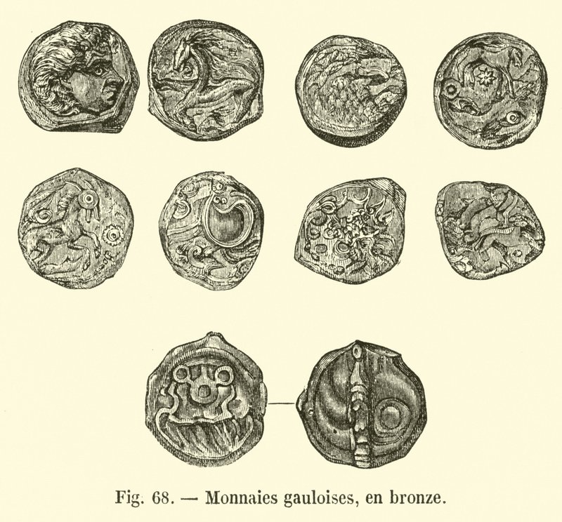 Gallische munten, in brons (gravure) door French School