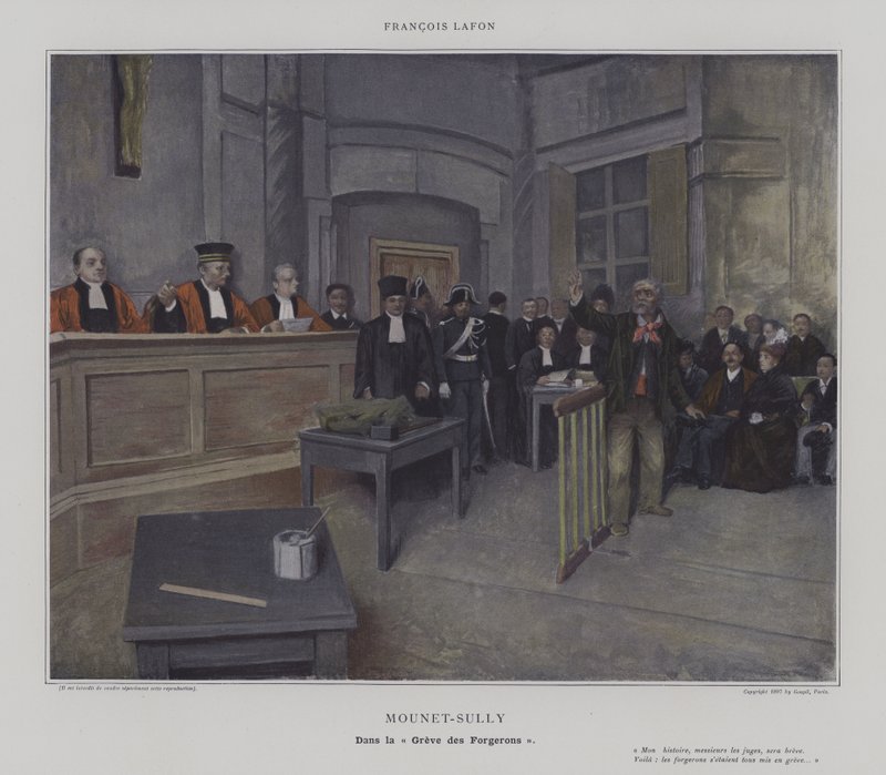 Mounet-Sully in de "Greve des Forgerons" (kleurenlitho) door French School