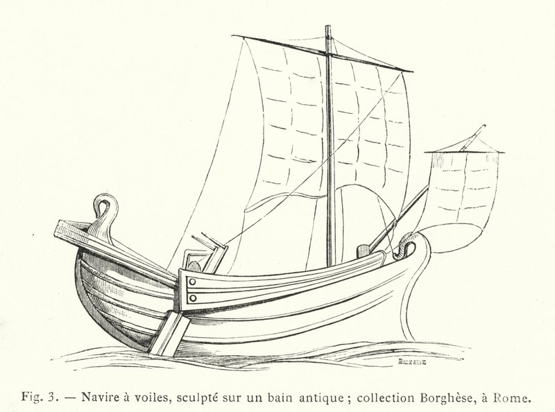 Zeilschip, gebeeldhouwd op een antiek bad; collectie Borghese, Rome (gravure) door French School