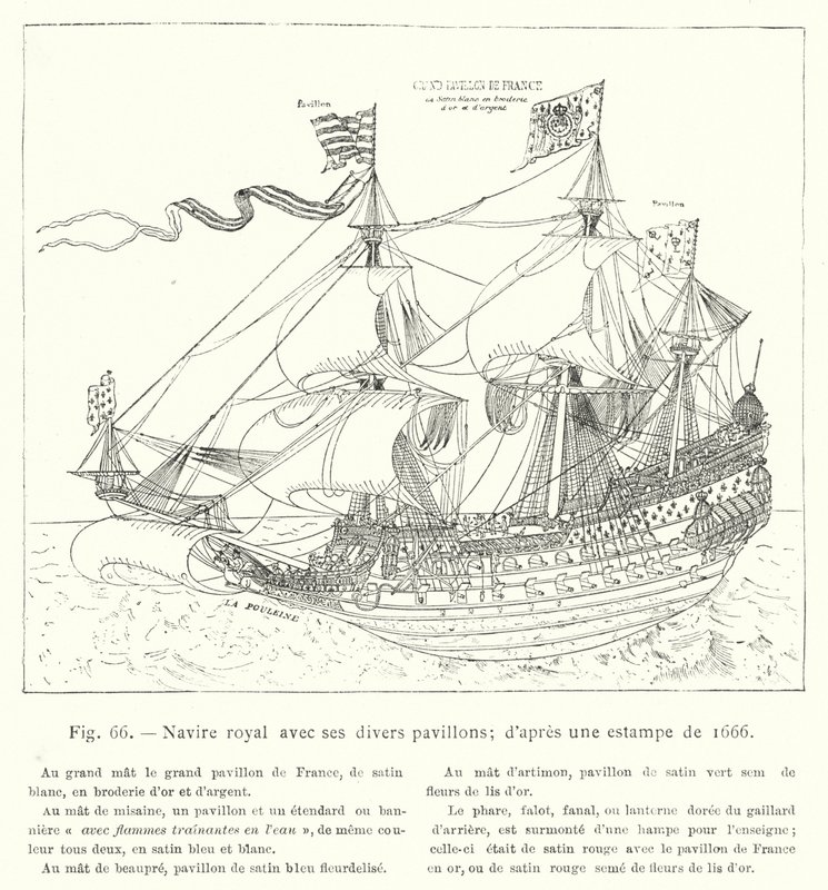 Koninklijk schip met zijn verschillende vlaggen; naar een prent uit 1666 (gravure) door French School