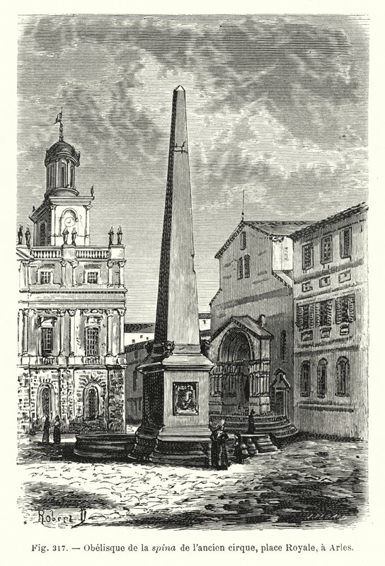 Obelisk van de spina van het oude circus, koninklijk plein, in Arles door French School