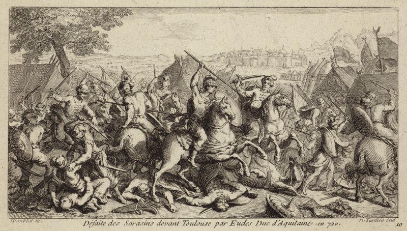 Odo, hertog van Aquitanië, verslaat de Omajjaden in de Slag bij Toulouse, 721 (gravure) door French School