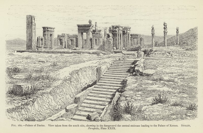 Paleis van Darius, uitzicht vanaf de zuidkant, met op de voorgrond de centrale trap die naar het paleis van Xerxes leidt door French School