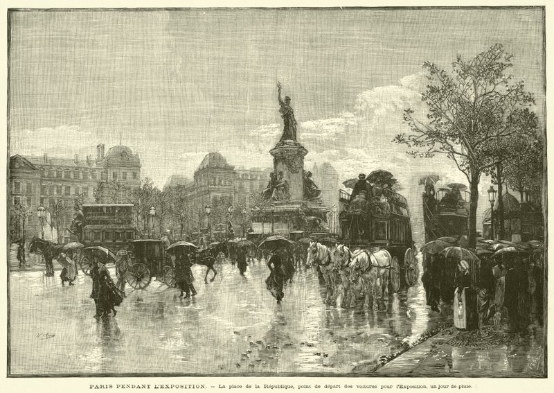 Parijs tijdens de tentoonstelling, het Place de la République, vertrekpunt van de wagens naar de tentoonstelling, een regenachtige dag door French School
