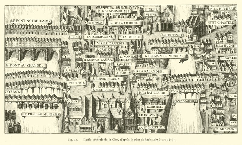 Centraal deel van de Cité, naar het tapijtplan, rond 1540 door French School