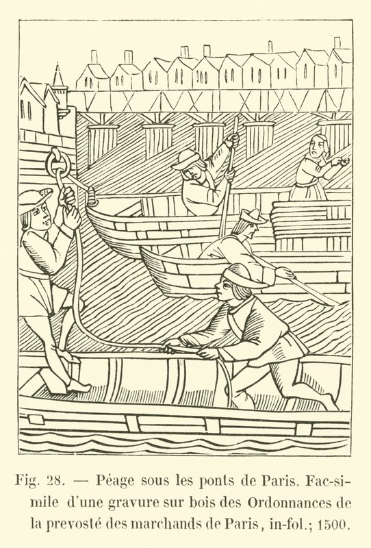 Tol onder de bruggen van Parijs, Fac-simile van een houtsnede uit de Ordonnances de la prévôté des marchands de Paris, in-fol; 1500 door French School