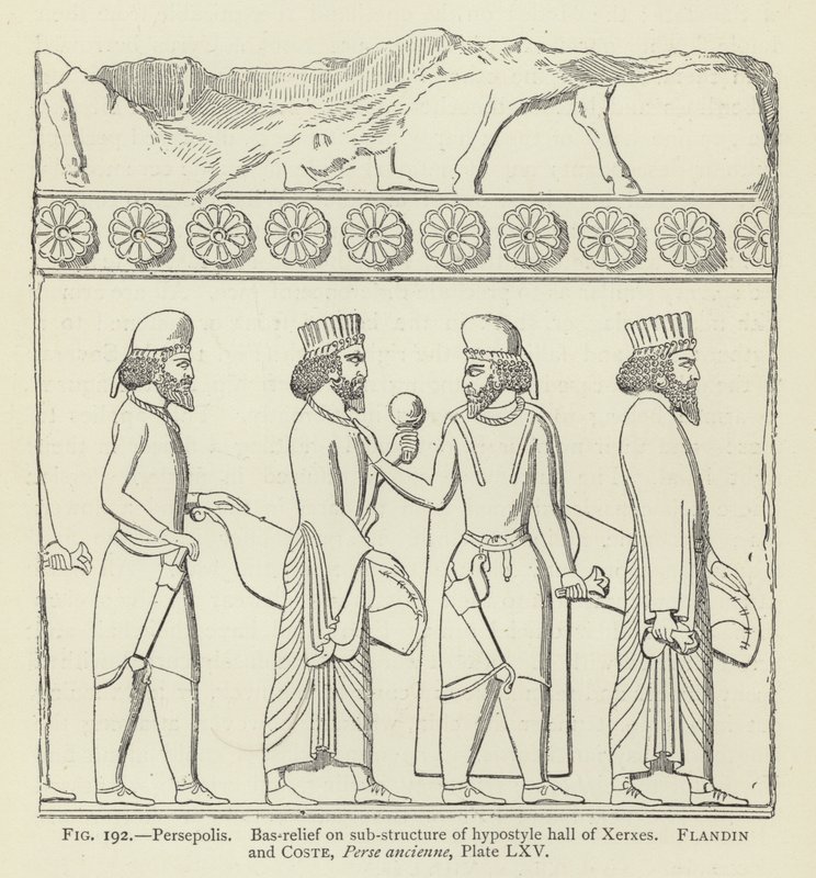 Persepolis, bas-reliëf op onderbouw van hypostyle hal van Xerxes door French School