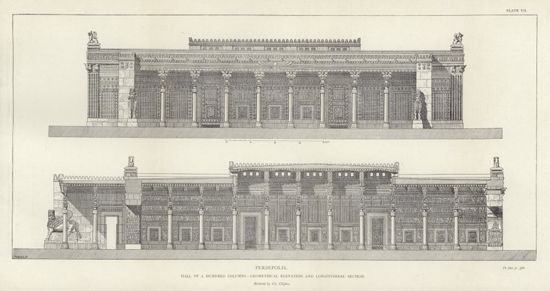 Persepolis, Hal van Honderd Zuilen, geometrische elevatie en longitudinale doorsnede, gerestaureerd door Ch Chipiez door French School