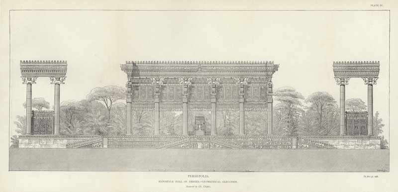 Persepolis, hypostyle hal van Xerxes, geometrische elevatie, gerestaureerd door Ch Chipiez door French School