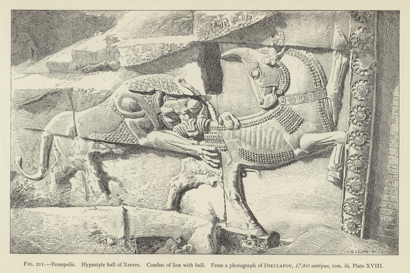 Persepolis, hypostyle hal van Xerxes, gevecht van leeuw met stier door French School