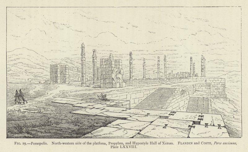 Persepolis, noordwestelijke zijde van het platform, Propylaea en Hypostyle Hal van Xerxes door French School