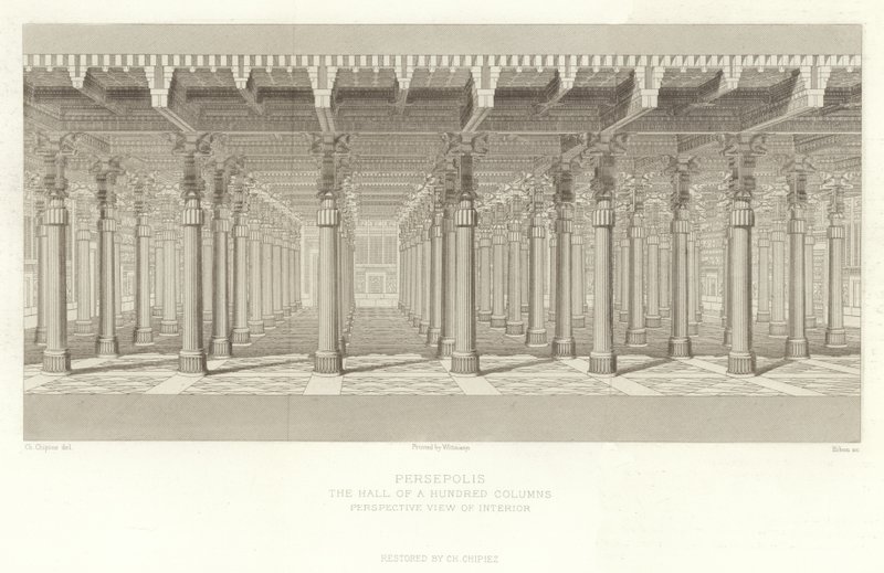 Persepolis, de Hal van Honderd Zuilen, perspectiefweergave van interieur, gerestaureerd door Ch Chipiez door French School