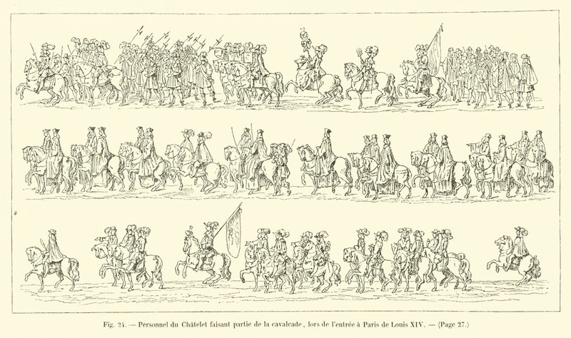 Personeel van het Chatelet maakt deel uit van de cavalcade, bij de intocht in Parijs van Lodewijk XIV door French School