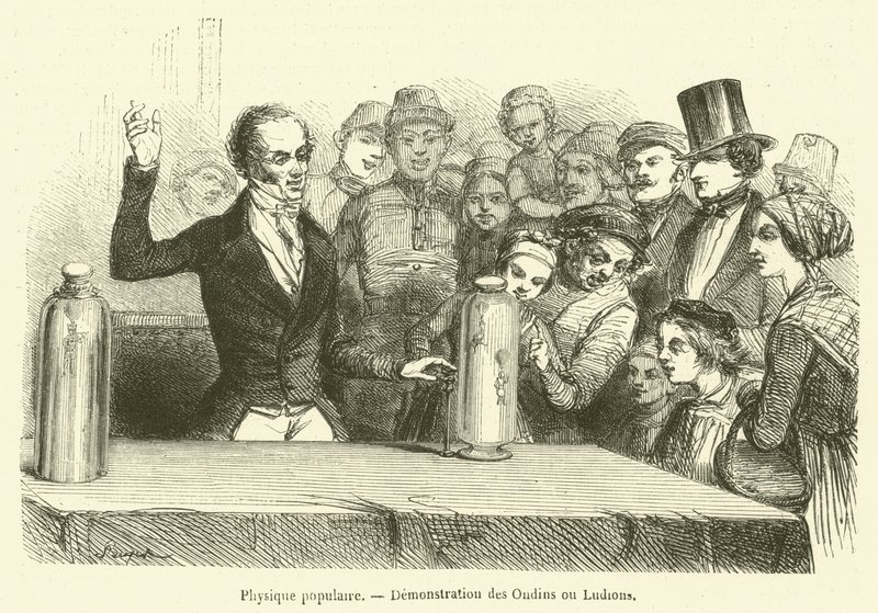 Populaire fysica, Demonstratie van Ondins of Ludions (gravure) door French School