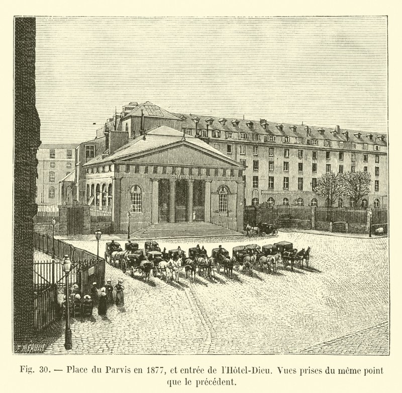 Place du Parvis in 1877, en ingang van het Hotel-Dieu, Zicht vanaf hetzelfde punt als de vorige door French School