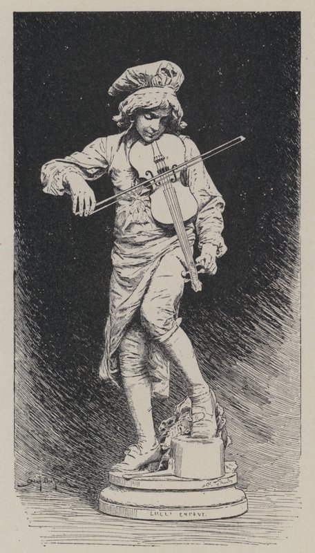 Gipsen beeld van Adrien Gandez die de in Italië geboren Franse componist Jean-Baptiste Lully als kind afbeeldt door French School