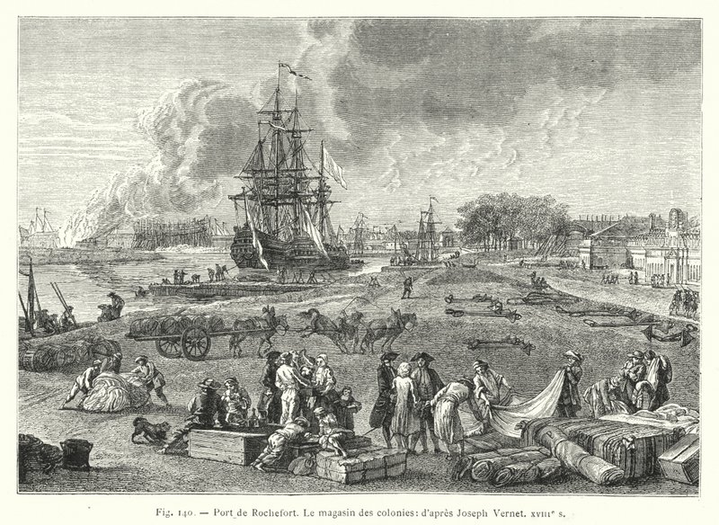 Haven van Rochefort, Het magazijn van de koloniën; naar Joseph Vernet XVIIIe eeuw (gravure) door French School