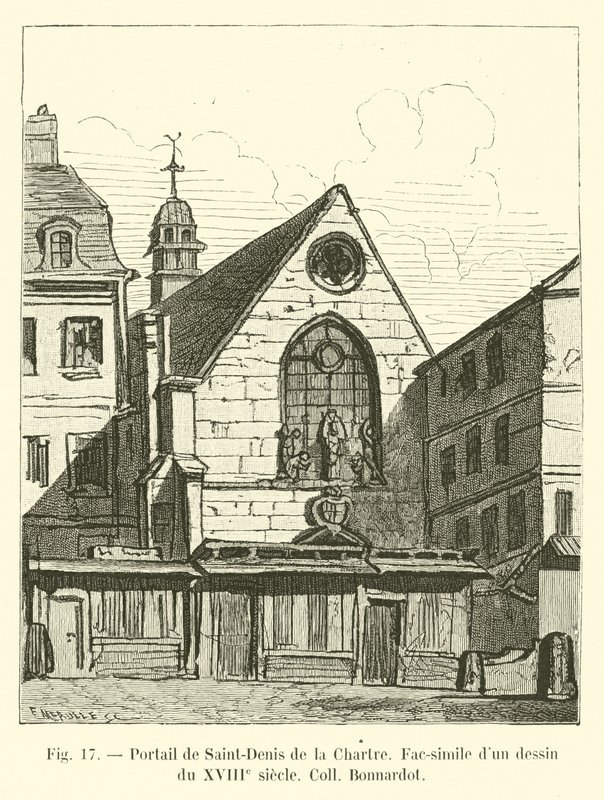Portaal van Saint-Denis de la Chartre, facsimile van een tekening uit de 18e eeuw, Collectie Bonnardot door French School