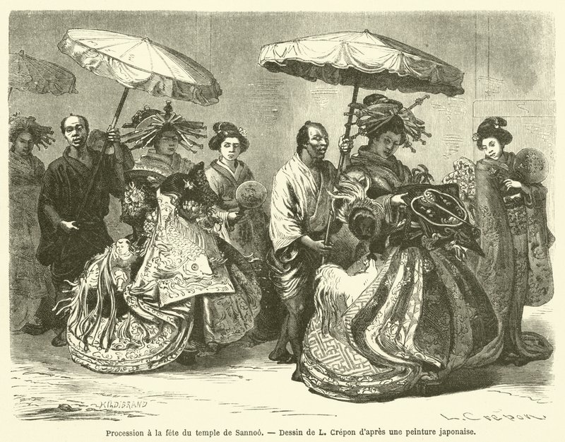 Processie op het tempelfeest van Sannoo (gravure) door French School