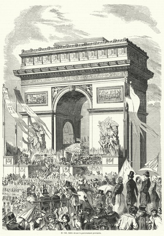 Processie die voor de Franse Voorlopige Regering langs de Arc de Triomphe, Parijs, trekt door French School