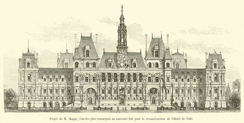 Project van M Magne, een van de meest opvallende inzendingen voor de herbouw van het stadhuis door French School