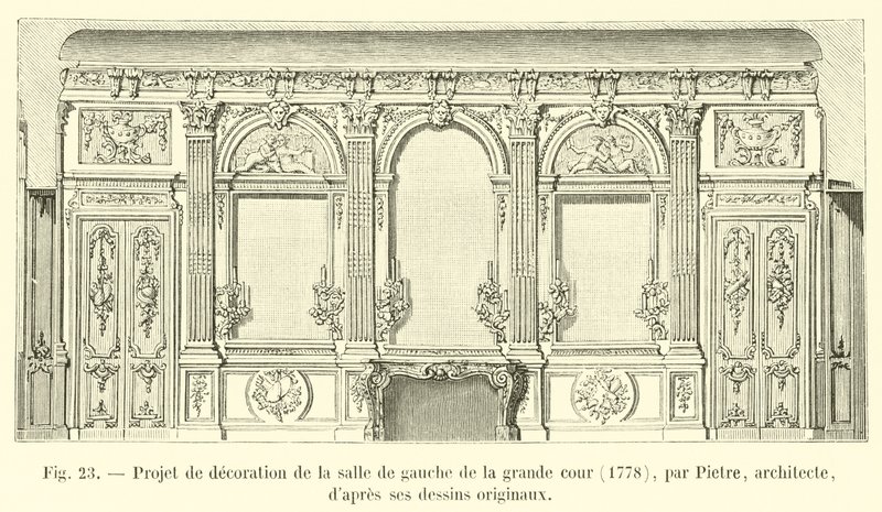 Ontwerp voor de decoratie van de linkerzaal van de grote binnenplaats, 1778, door Pietre, architect, naar zijn originele tekeningen door French School