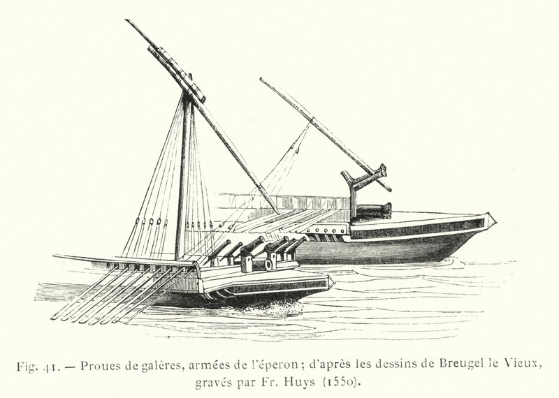 Boegen van galeien, bewapend met de ram; naar de tekeningen van Breugel de Oude, gegraveerd door Fr Huys door French School