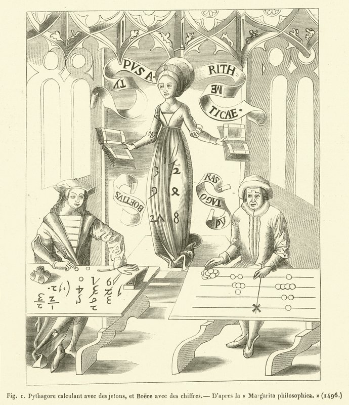 Pythagoras rekent met fiches, en Boëthius met cijfers door French School