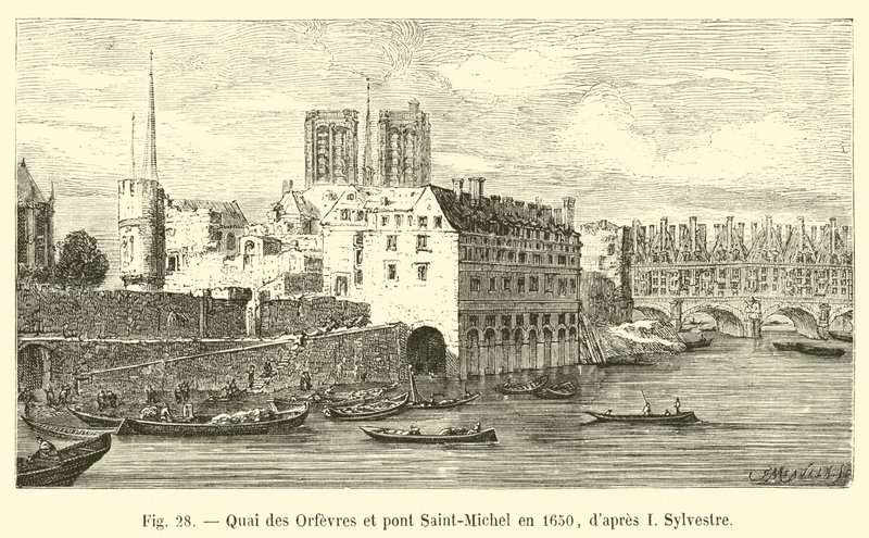 Kade van de Goudsmeden en Sint-Michielsbrug in 1650, volgens I. Sylvestre door French School