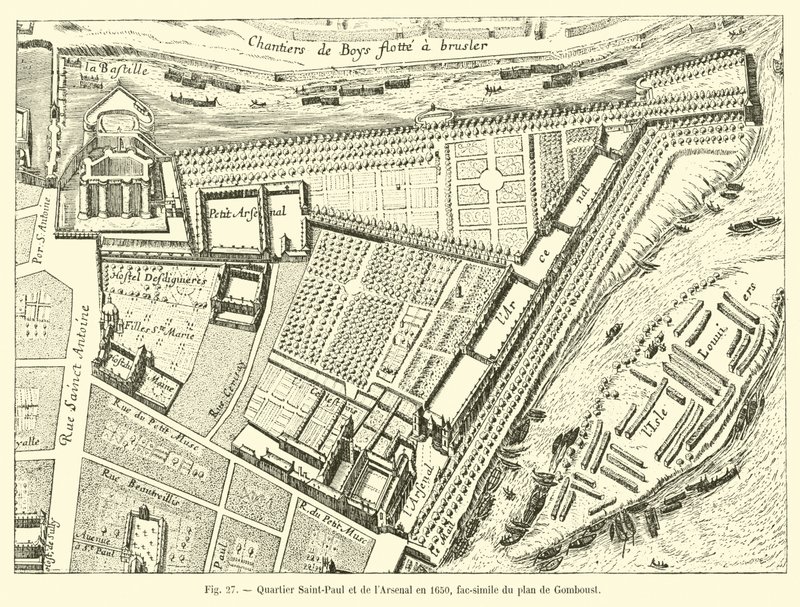 Wijk Saint-Paul en het Arsenaal in 1650, facsimile van het plan van Gomboust door French School