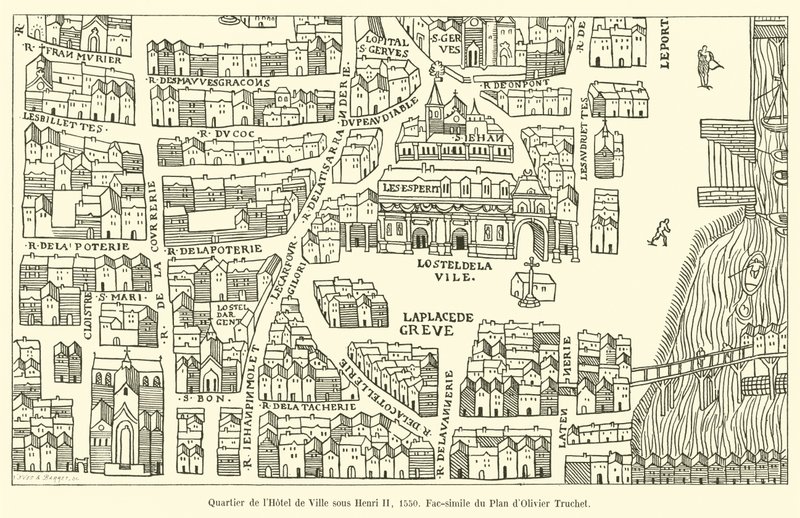 Wijk van het Stadhuis onder Hendrik II, 1550, facsimile van het Plan van Olivier Truchet door French School