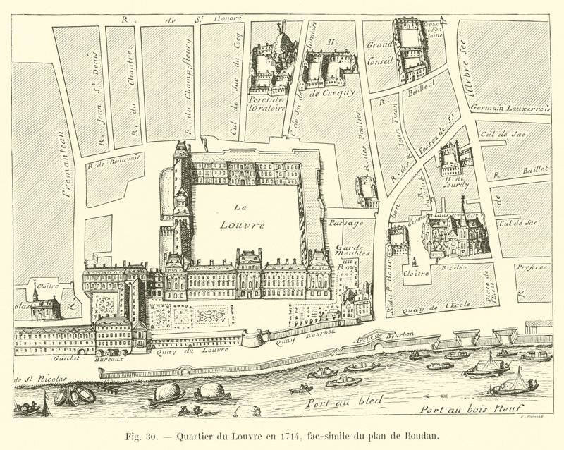 Wijk van het Louvre in 1714, fac-simile van het plan van Boudan door French School