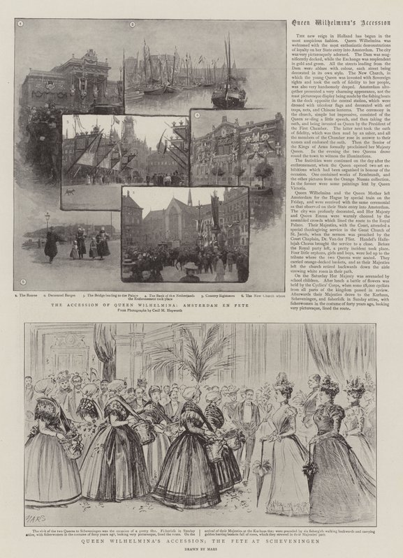De toetreding van koningin Wilhelmina, het feest in Scheveningen (gravure) door French School