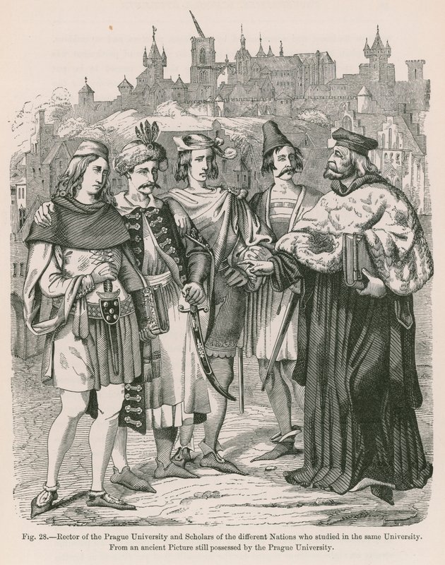 Rector van de Universiteit van Praag en geleerden van de verschillende naties die aan dezelfde universiteit studeerden (gravure) door French School