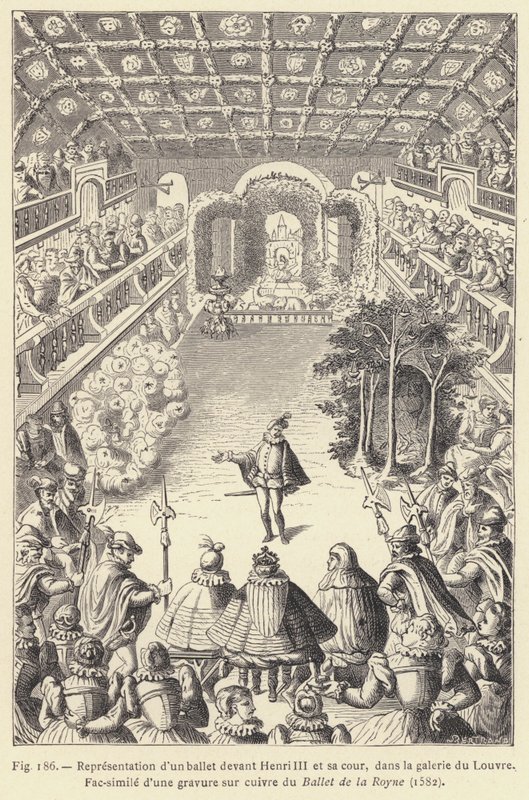 Voorstelling van een ballet voor Hendrik III en zijn hof, in de galerij van het Louvre door French School