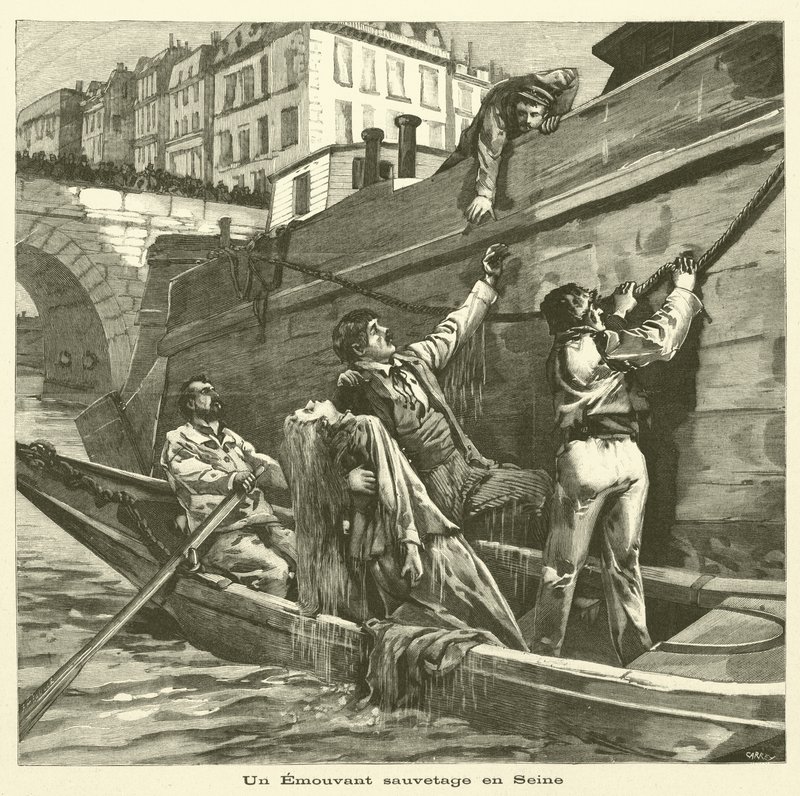 Redding van een Vrouw uit de Rivier de Seine in Parijs door French School