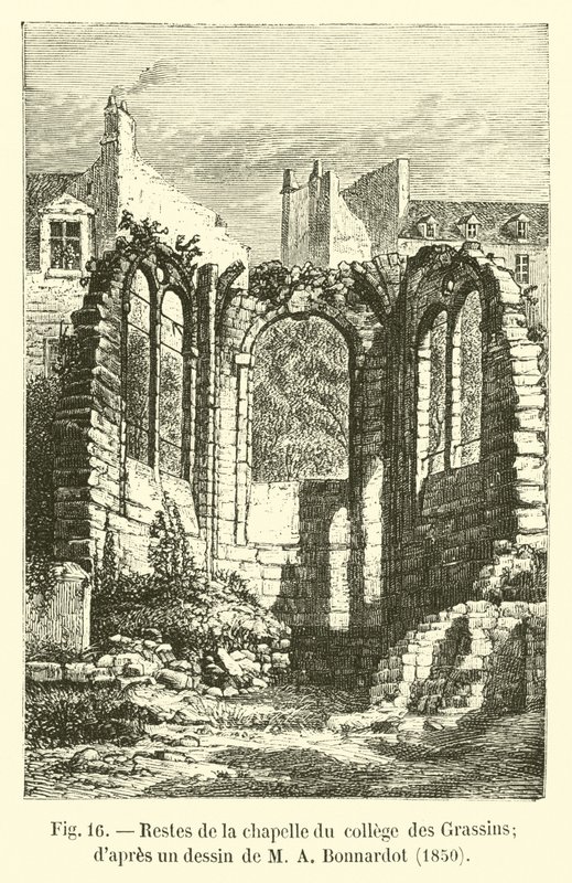 Resten van de kapel van het college van Grassins; naar een tekening van M A Bonnardot, 1850 door French School