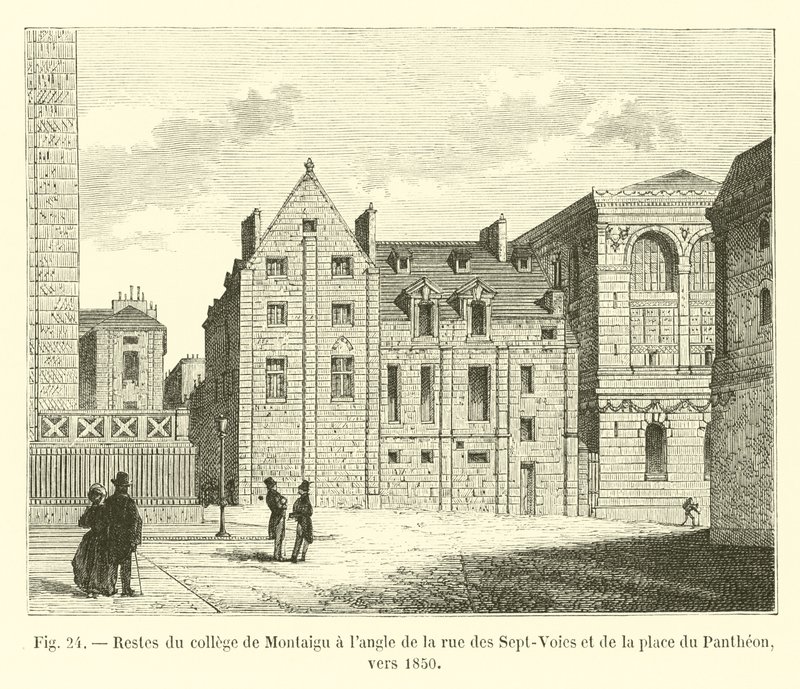 Resten van het college van Montaigu op de hoek van rue des Sept-Voies en place du Pantheon, rond 1850 door French School